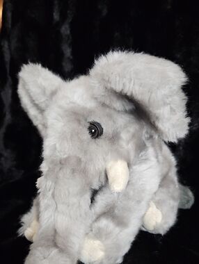Vintage Super Furry Plush Grey Elephant-Glass Eyes-White Tusks-18" Long